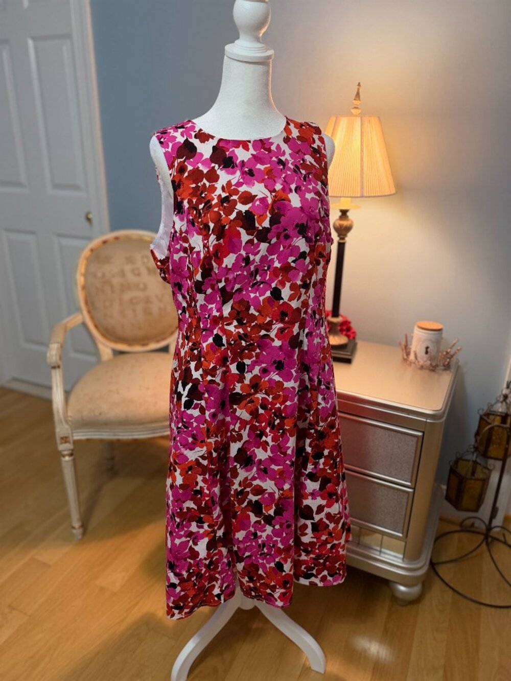 Liz Claiborne Pink Red Floral Sleeveless A-Line Midi Dress 16